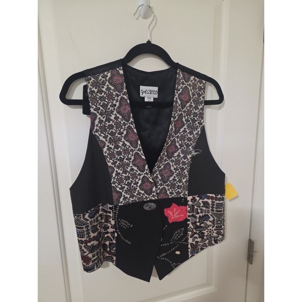 YASUKO 100% Kimono Silk Patchwork Single Button Vest Red Beige Asian Art S/M